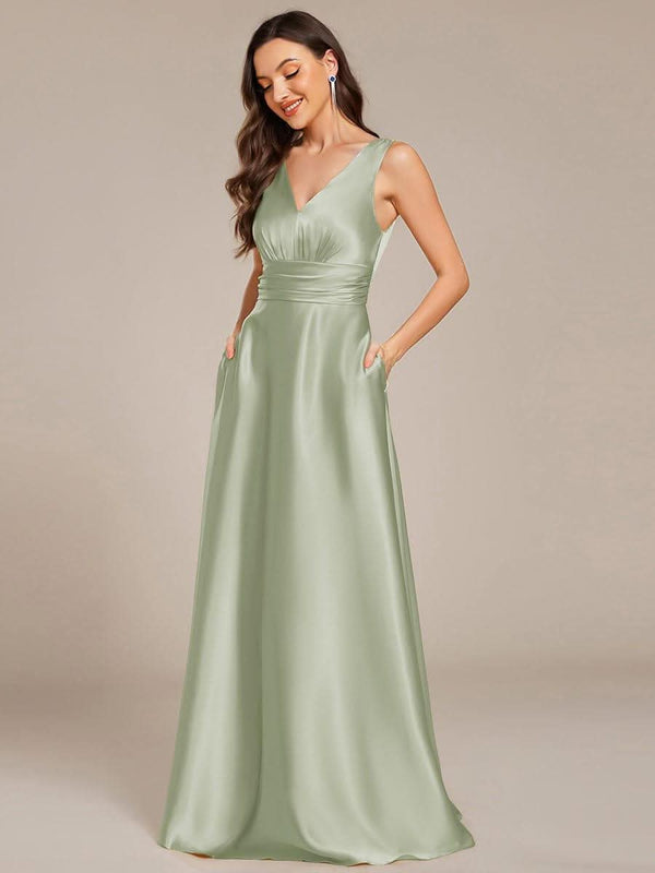 ever INDY|V-neck Empire Waist Satin Maxi Bridesmaid Dress with Pockets