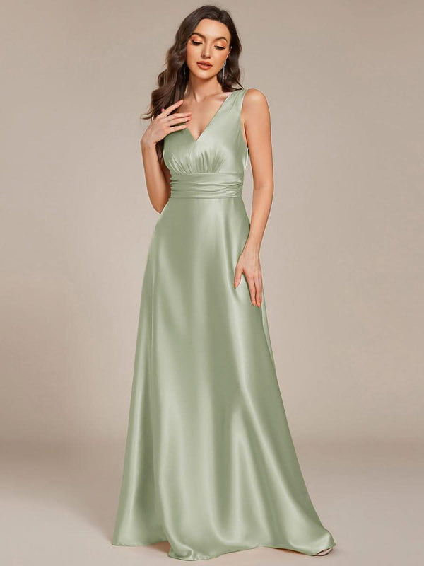 ever INDY|V-neck Empire Waist Satin Maxi Bridesmaid Dress with Pockets