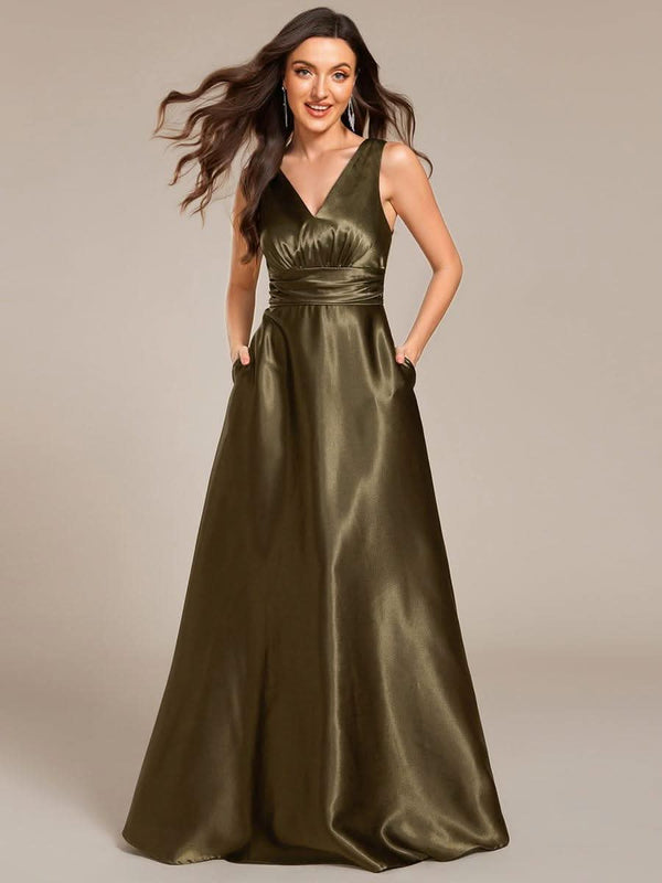 ever INDY|V-neck Empire Waist Satin Maxi Bridesmaid Dress with Pockets
