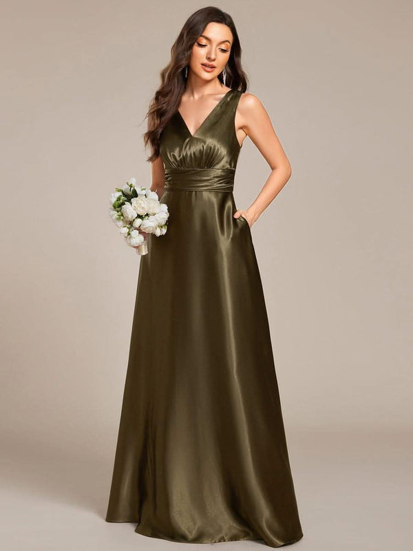 ever INDY|V-neck Empire Waist Satin Maxi Bridesmaid Dress with Pockets
