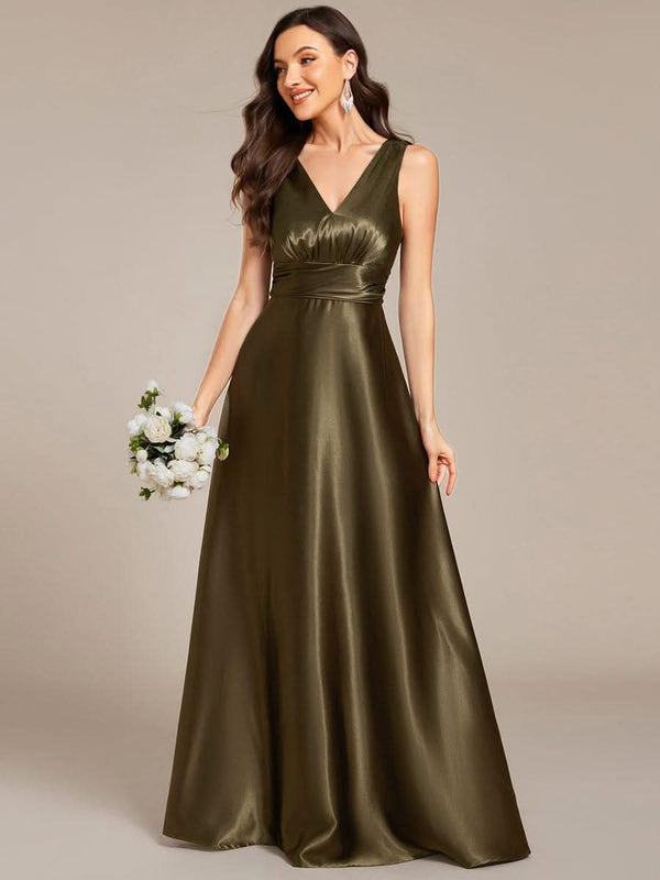 ever INDY|V-neck Empire Waist Satin Maxi Bridesmaid Dress with Pockets