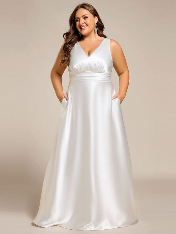 pretty INDY|Plus Size Satin Empire Waist Maxi Bridesmaid Dress with Pockets