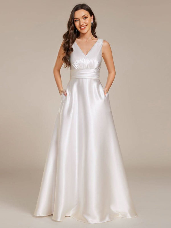 ever INDY|V-neck Empire Waist Satin Maxi Bridesmaid Dress with Pockets