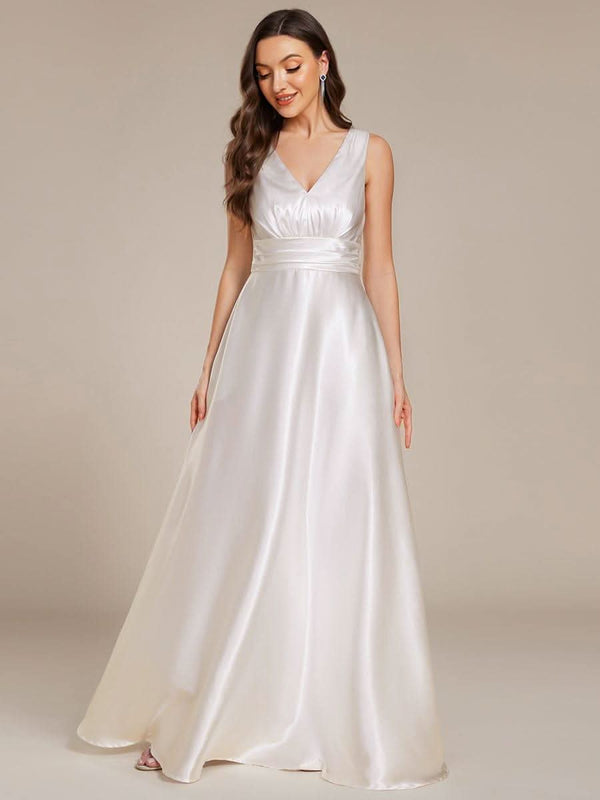 ever INDY|V-neck Empire Waist Satin Maxi Bridesmaid Dress with Pockets