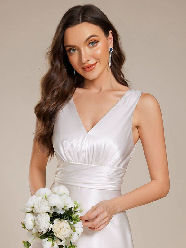 ever INDY|V-neck Empire Waist Satin Maxi Bridesmaid Dress with Pockets
