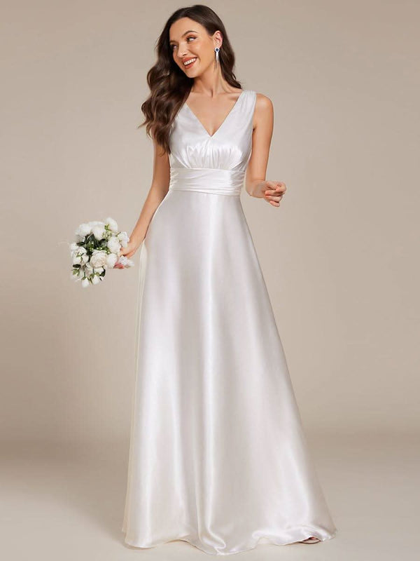 ever INDY|V-neck Empire Waist Satin Maxi Bridesmaid Dress with Pockets