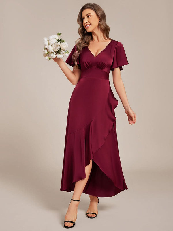 ever WYNTER|Short Sleeve Ruffled V-Neck Satin Midi Bridesmaid Dress