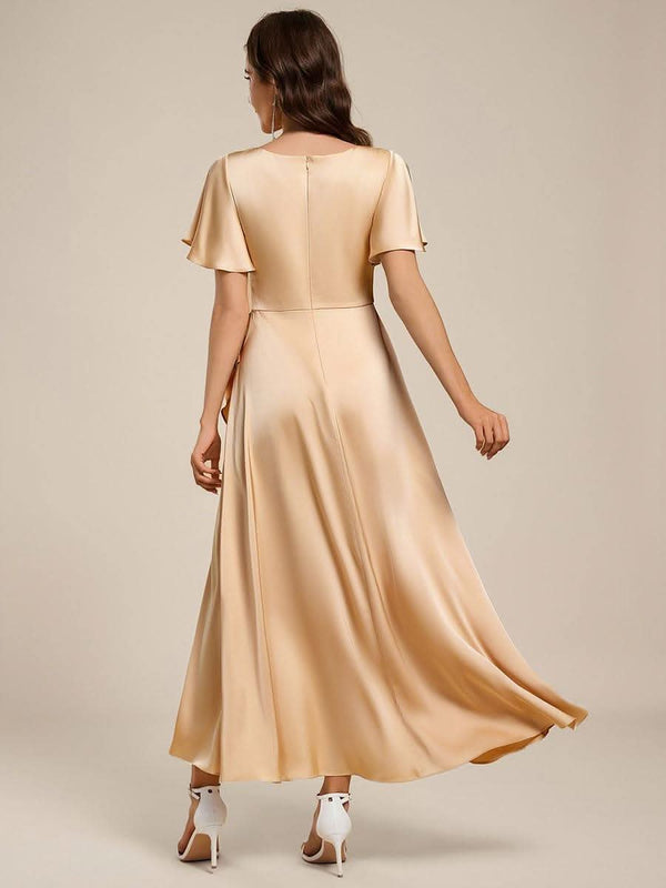 ever WYNTER|Short Sleeve Ruffled V-Neck Satin Midi Bridesmaid Dress