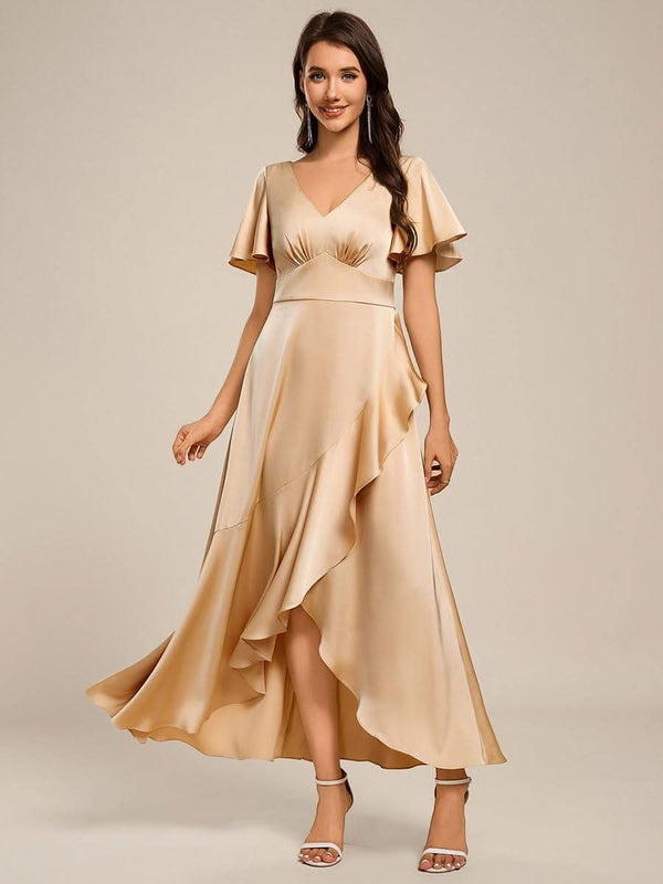 ever WYNTER|Short Sleeve Ruffled V-Neck Satin Midi Bridesmaid Dress