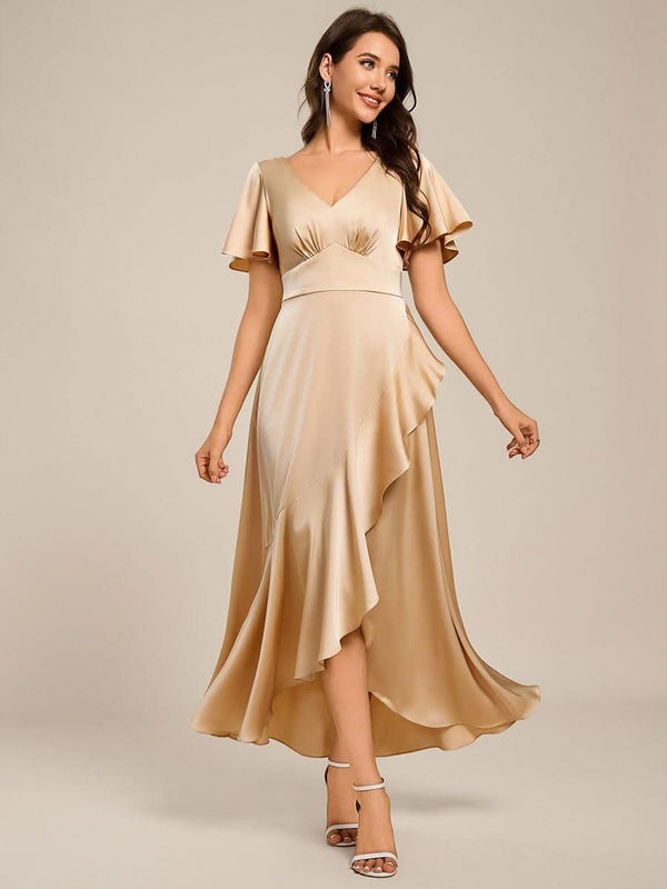 ever WYNTER|Short Sleeve Ruffled V-Neck Satin Midi Bridesmaid Dress