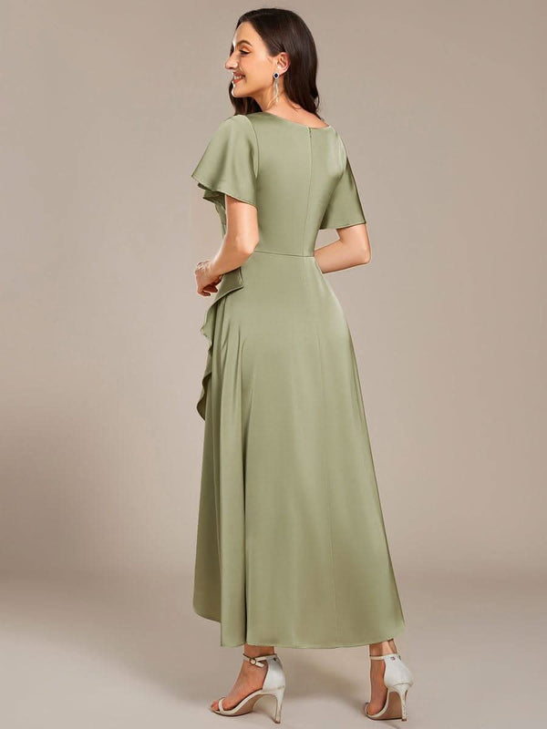 ever WYNTER|Short Sleeve Ruffled V-Neck Satin Midi Bridesmaid Dress