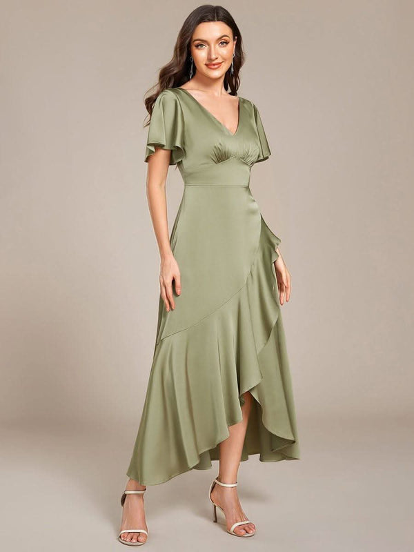 ever WYNTER|Short Sleeve Ruffled V-Neck Satin Midi Bridesmaid Dress