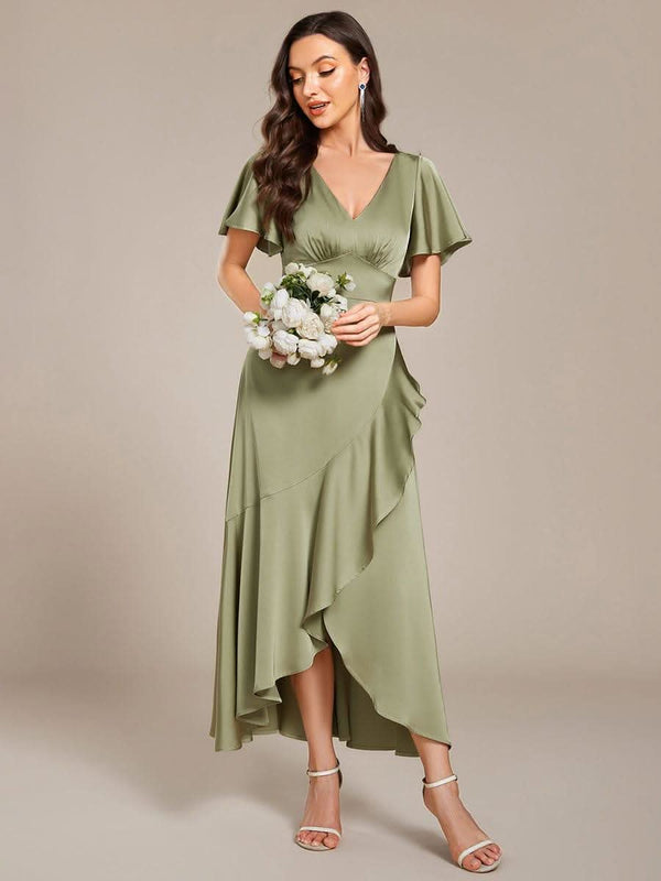 ever WYNTER|Short Sleeve Ruffled V-Neck Satin Midi Bridesmaid Dress