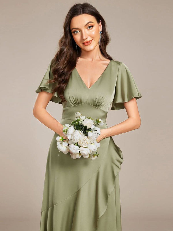 ever WYNTER|Short Sleeve Ruffled V-Neck Satin Midi Bridesmaid Dress
