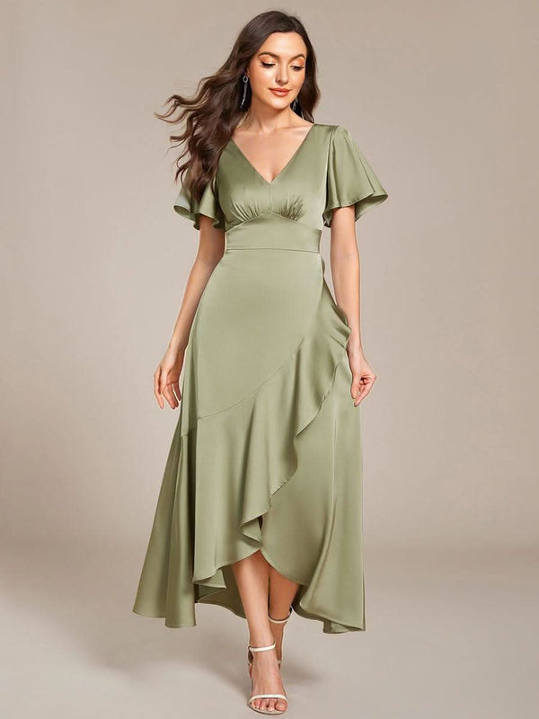 ever WYNTER|Short Sleeve Ruffled V-Neck Satin Midi Bridesmaid Dress