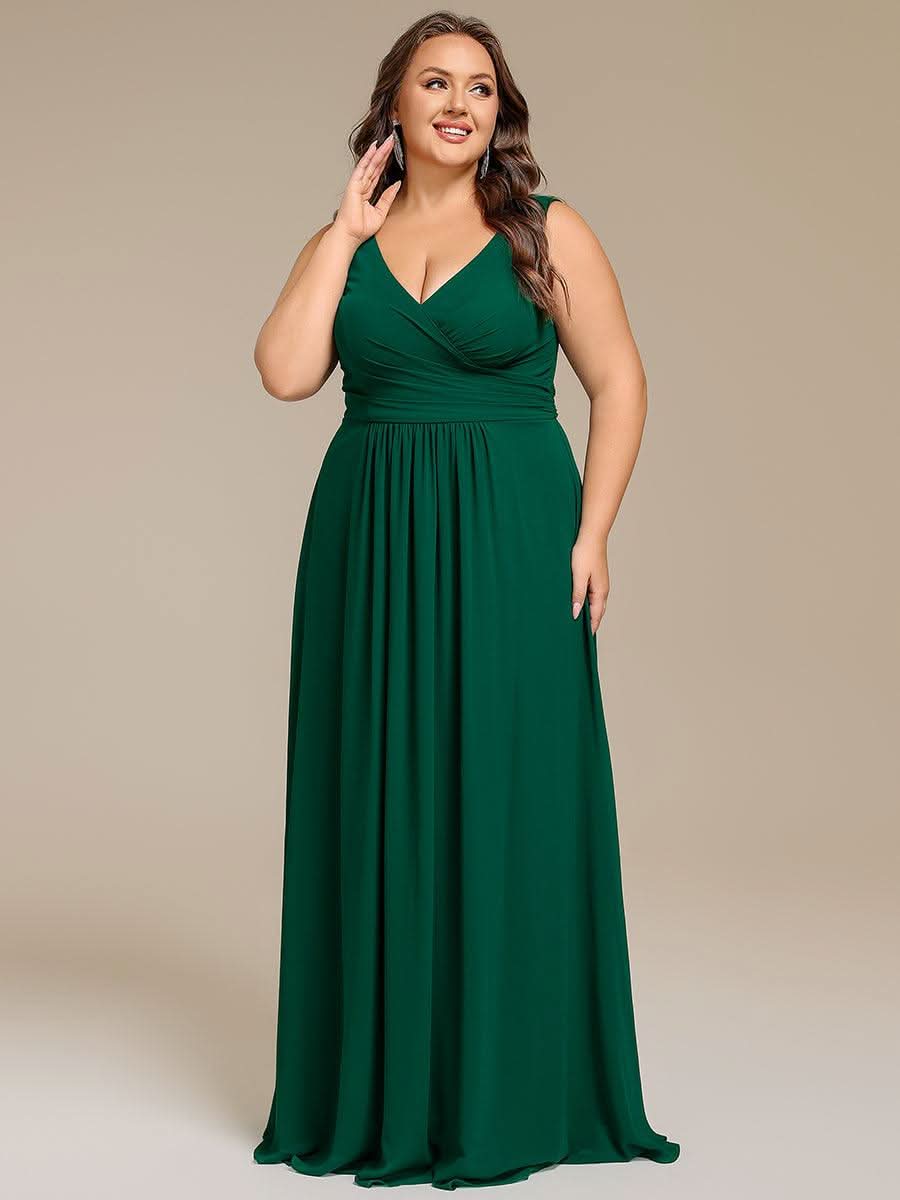 Strapless Pleated V-Neck A-Line Maxi Chiffon Bridesmaid Dress #color_Dark Green