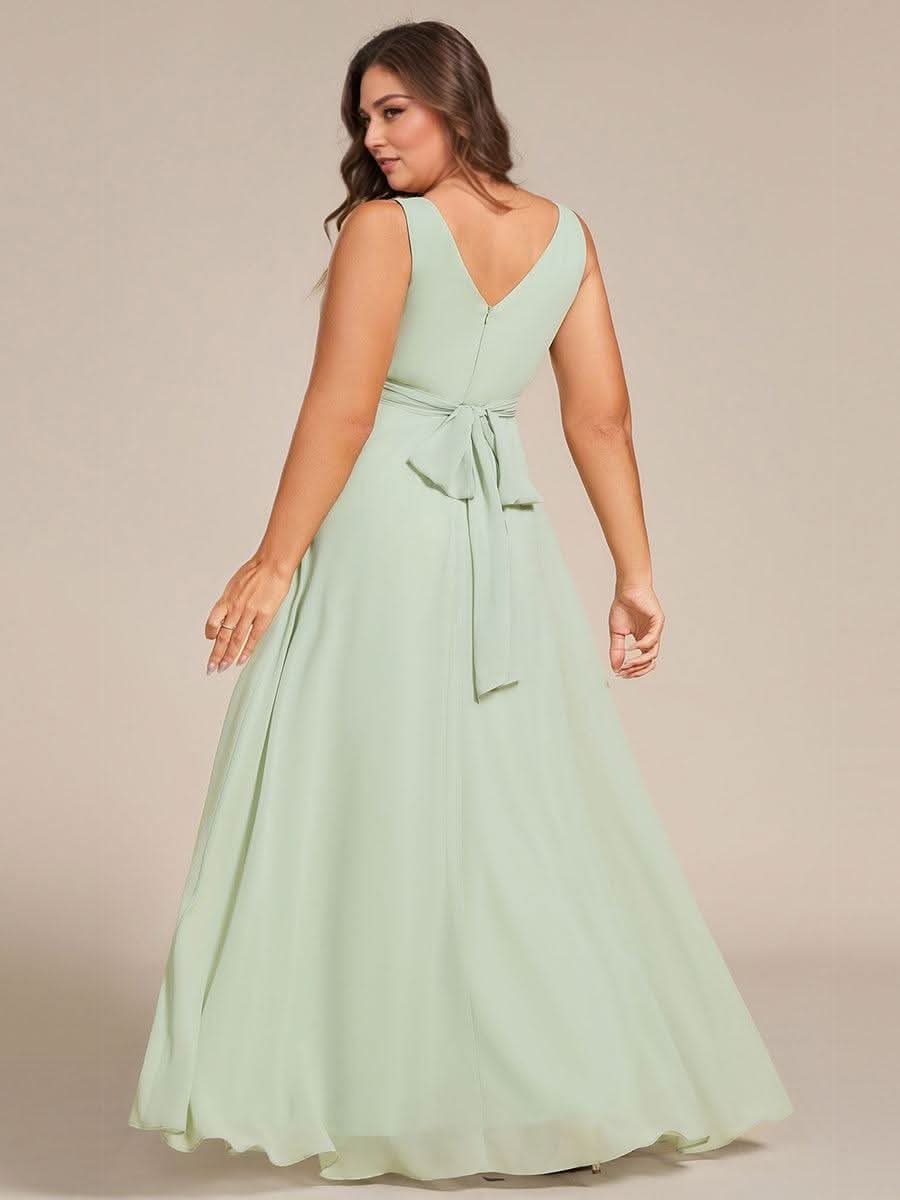 Strapless Pleated V-Neck A-Line Maxi Chiffon Bridesmaid Dress #color_Mint Green