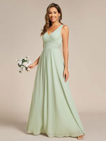 Strapless Pleated V-Neck A-Line Maxi Chiffon Bridesmaid Dress #color_Mint Green