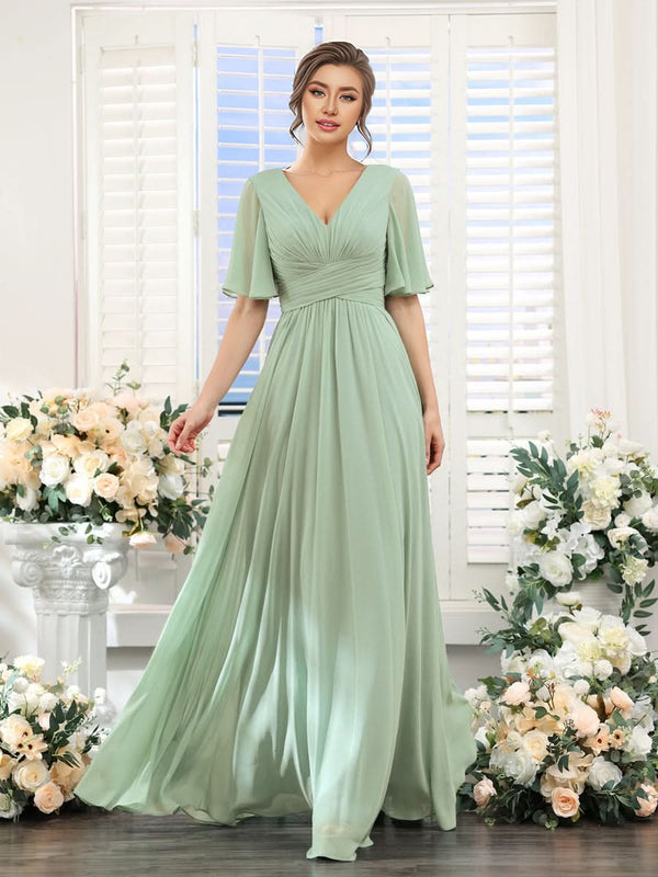 ever ARIANNE|Short Sleeve Ruffled Lace-Up A-Line Maxi Bridesmaid Dress