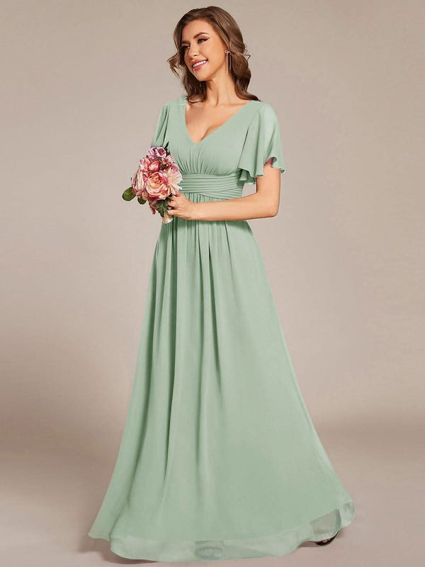 ever ARIANNE|Short Sleeve Ruffled Lace-Up A-Line Maxi Bridesmaid Dress