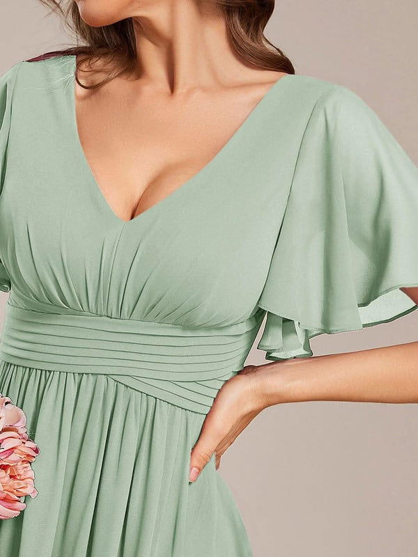 ever ARIANNE|Short Sleeve Ruffled Lace-Up A-Line Maxi Bridesmaid Dress