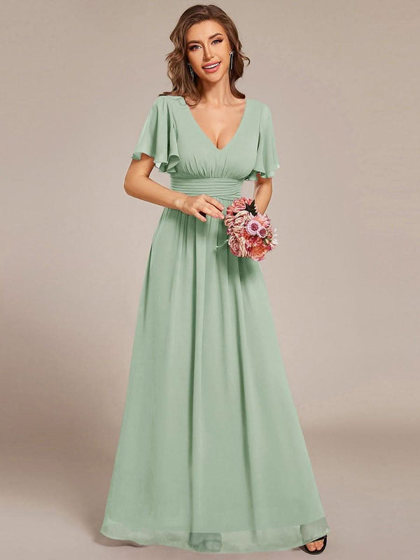 ever ARIANNE|Short Sleeve Ruffled Lace-Up A-Line Maxi Bridesmaid Dress