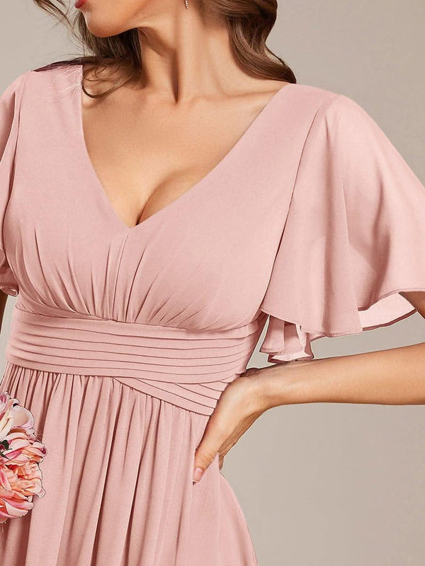 ever ARIANNE|Short Sleeve Ruffled Lace-Up A-Line Maxi Bridesmaid Dress