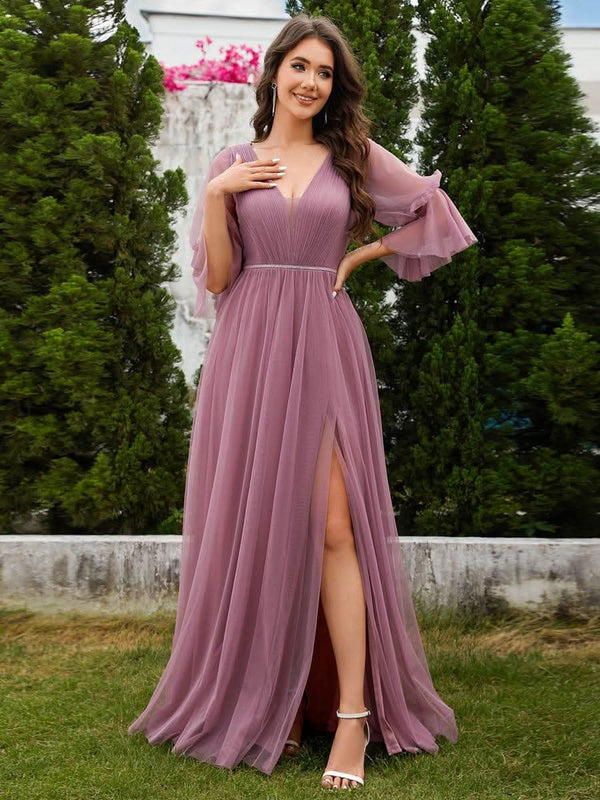 ever HEIDY|Lantern Long Sleeve Split Maxi Bridesmaid Dresses