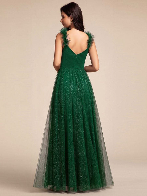 Embellished Shoulders Pleated Tulle Glitter Bridesmaid Dress