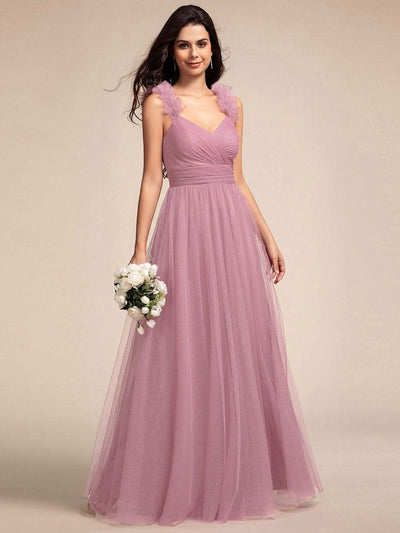 Embellished Shoulders Pleated Tulle Glitter Bridesmaid Dress #color_Purple Orchid