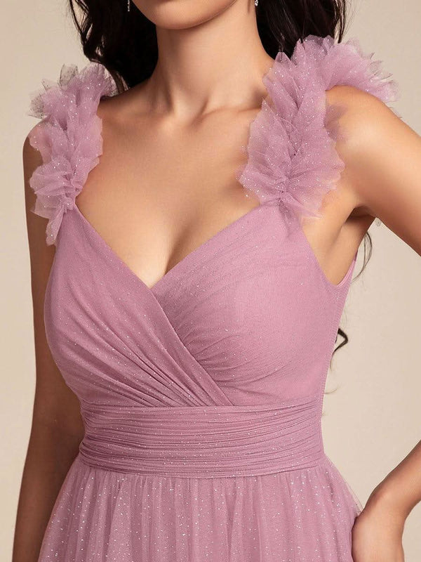 Embellished Shoulders Pleated Tulle Glitter Bridesmaid Dress