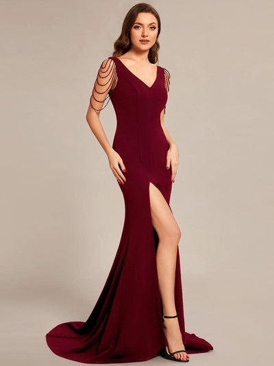 Sleeveless with Chain Bodycon Mermaid High Slit Formal Evening Dress #color_Burgundy