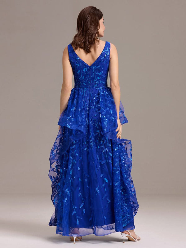 Double V-Neck A-Line Layered Sequin Formal Dress