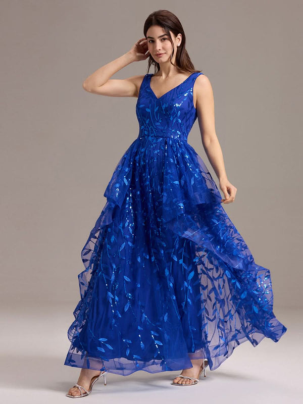 Double V-Neck A-Line Layered Sequin Formal Dress