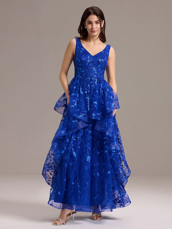 Double V-Neck A-Line Layered Sequin Formal Dress