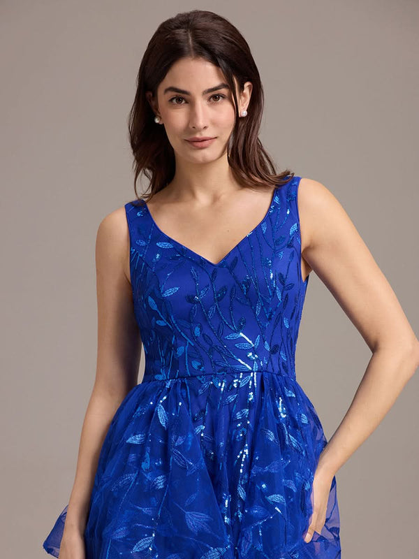 Double V-Neck A-Line Layered Sequin Formal Dress
