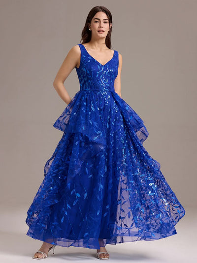 Double V-Neck A-Line Layered Sequin Formal Dress #color_Sapphire Blue