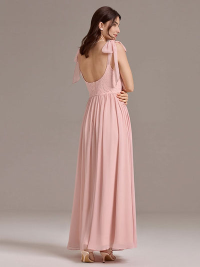Chiffon Sweetheart Neck Bow Tie Backless A-Line Lace Bridesmaid Dress #color_Pink