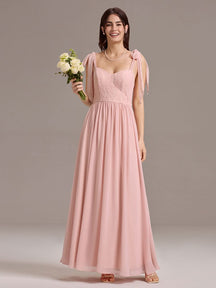 Chiffon Sweetheart Neck Bow Tie Backless A-Line Lace Bridesmaid Dress #color_Pink