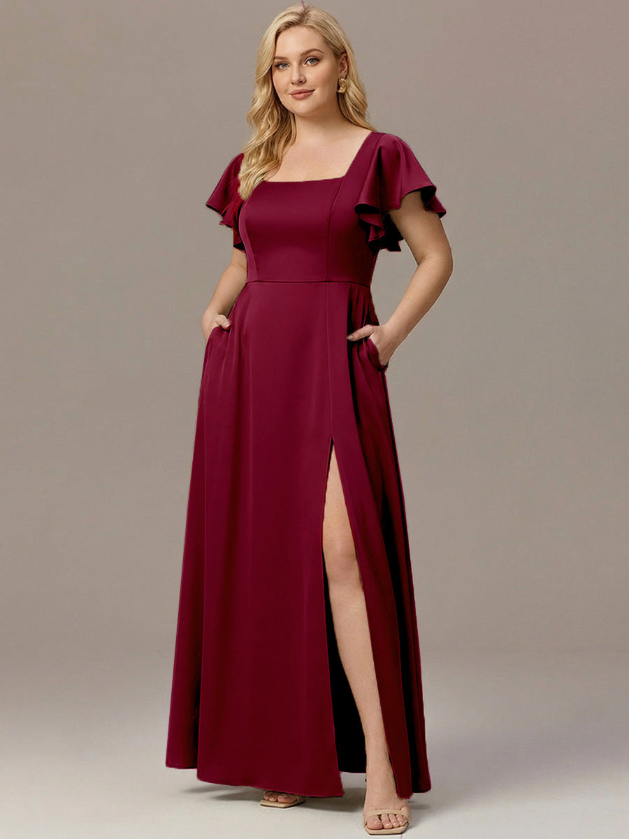 Satin Square Neck Short Sleeve Ruffled Maxi Bridesmaid Dress #color_Burgundy