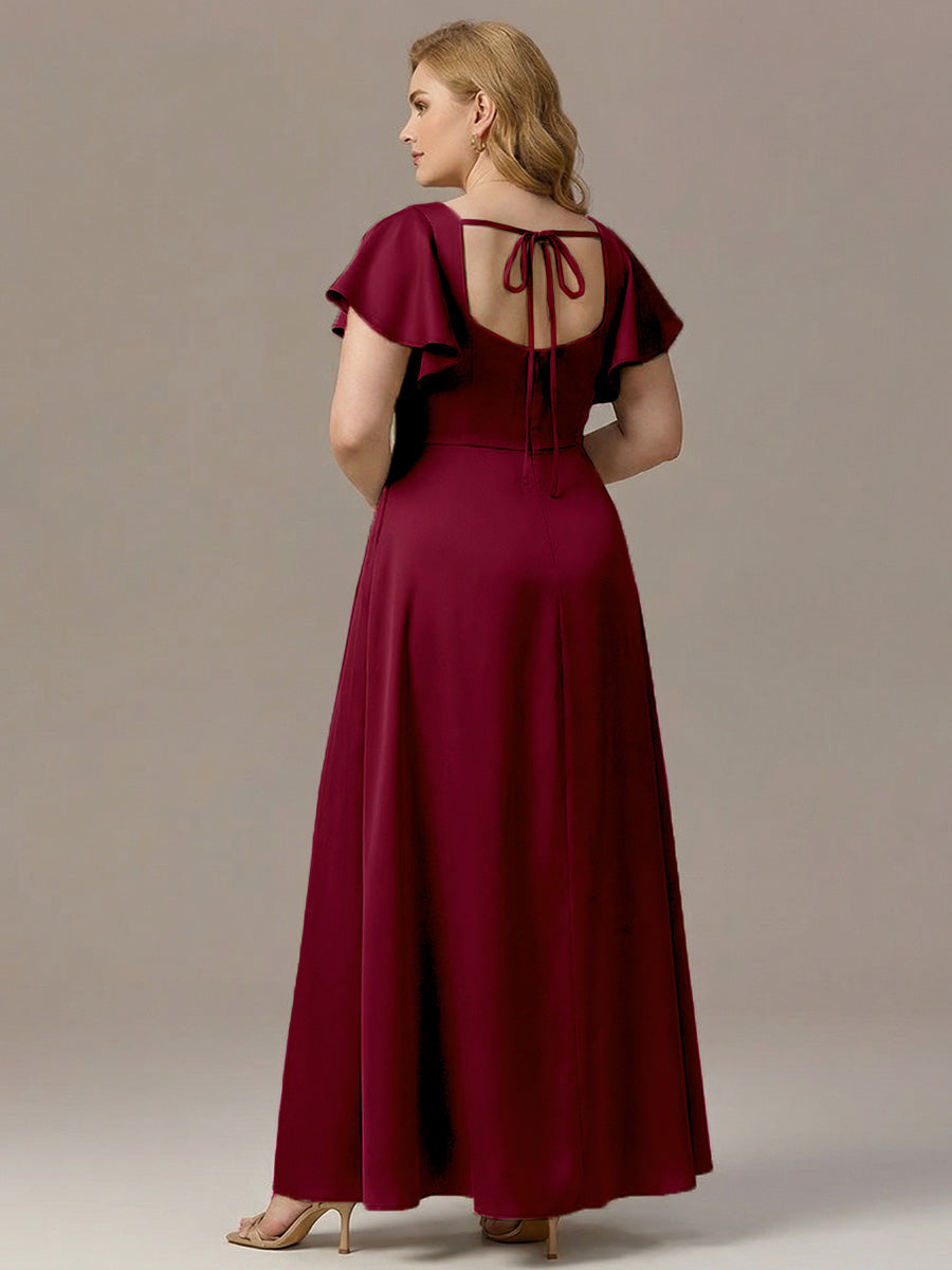 Satin Square Neck Short Sleeve Ruffled Maxi Bridesmaid Dress #color_Burgundy