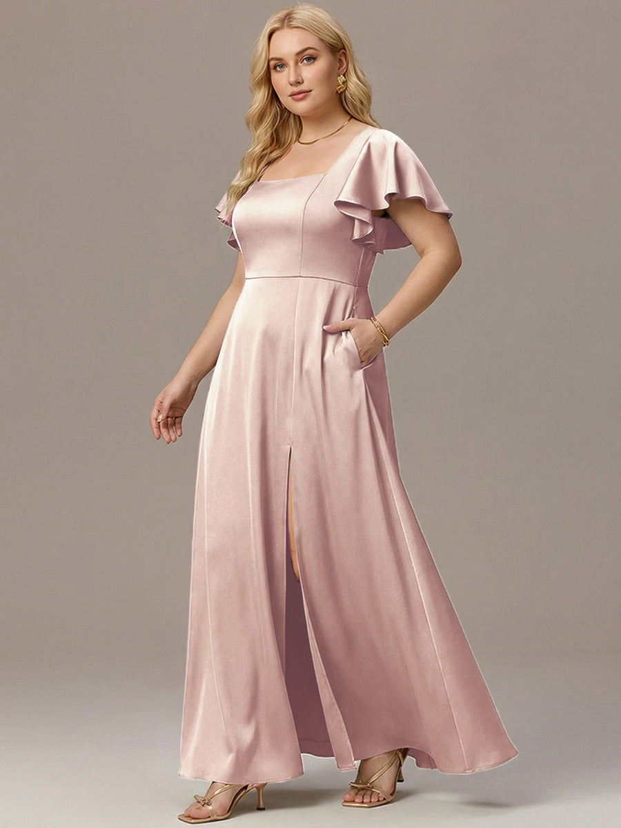 Satin Square Neck Short Sleeve Ruffled Maxi Bridesmaid Dress #color_Pink