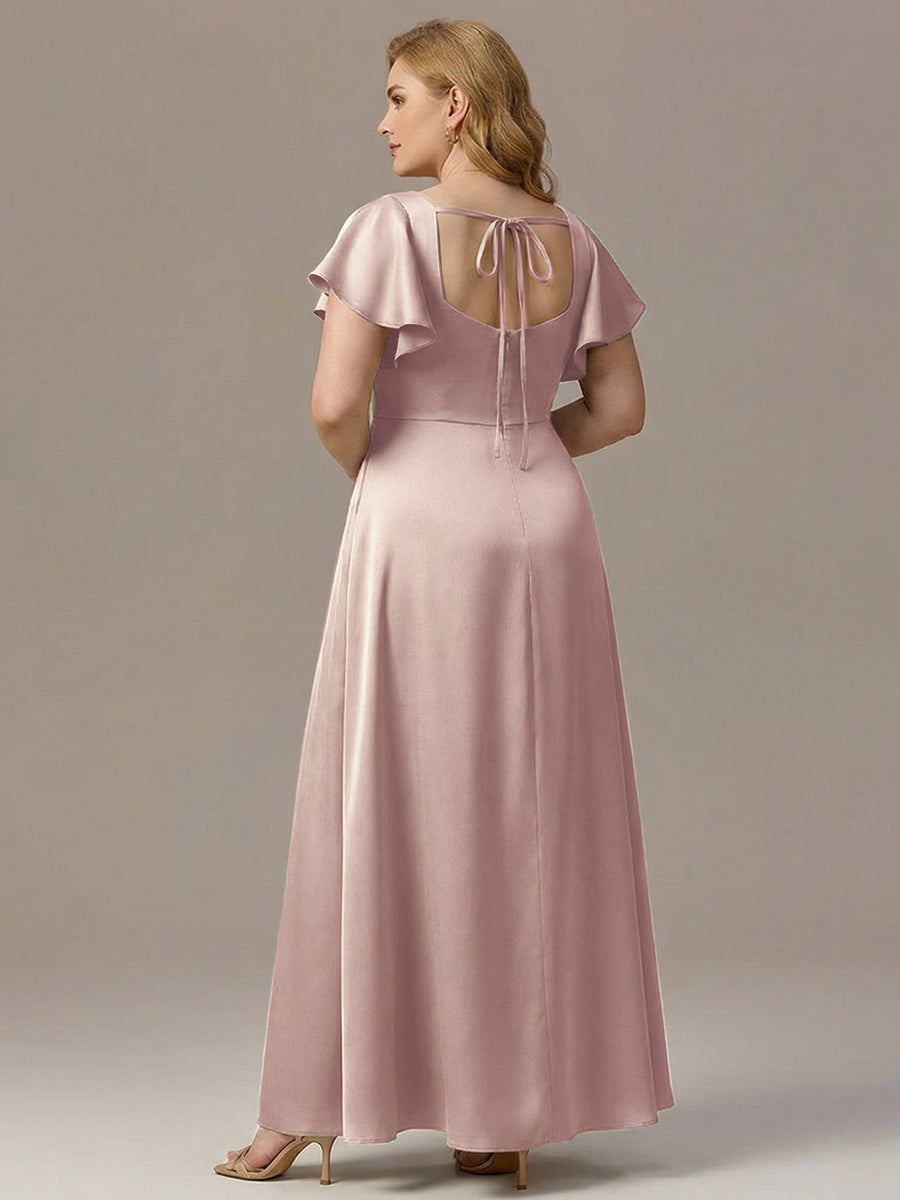 Satin Square Neck Short Sleeve Ruffled Maxi Bridesmaid Dress #color_Pink