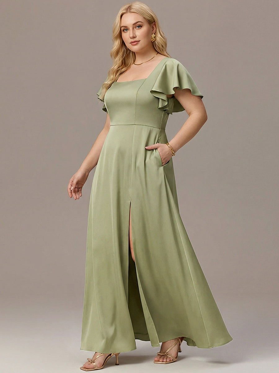 Satin Square Neck Short Sleeve Ruffled Maxi Bridesmaid Dress #color_Sage Green