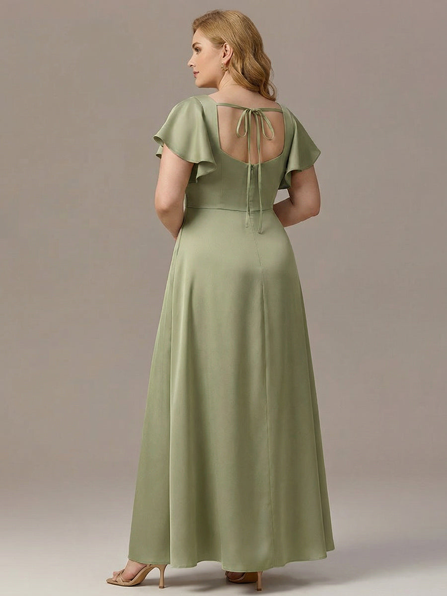 Satin Square Neck Short Sleeve Ruffled Maxi Bridesmaid Dress #color_Sage Green