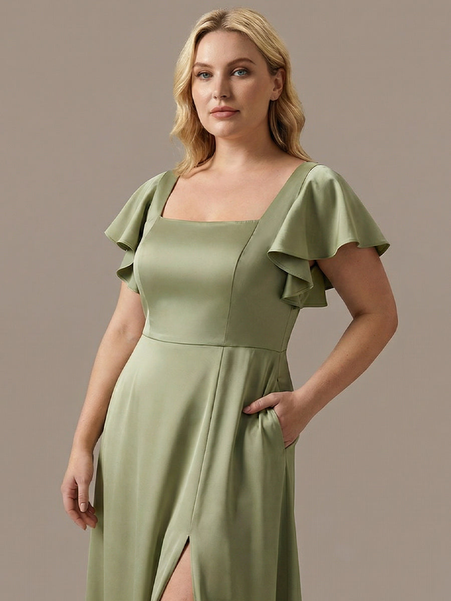 Satin Square Neck Short Sleeve Ruffled Maxi Bridesmaid Dress #color_Sage Green