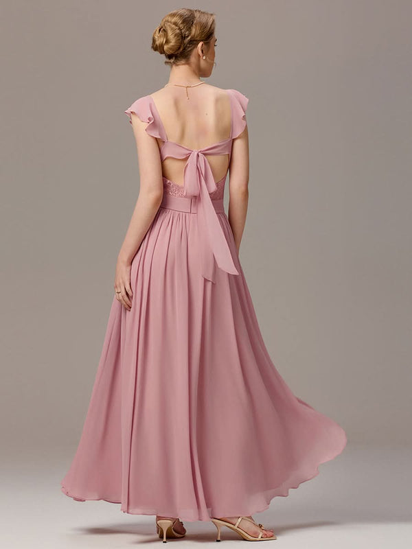 Back-Tie Pleated Ruffles Sleeves Maxi Bridesmaid Dress