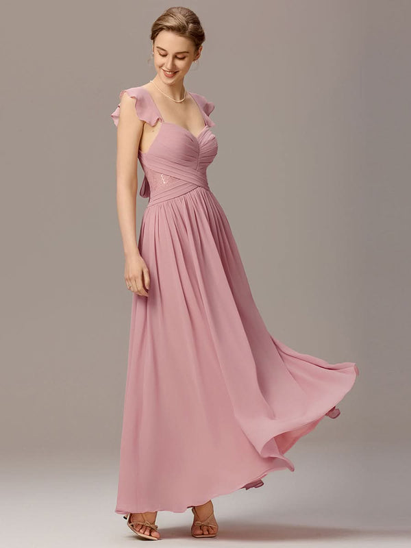 Back-Tie Pleated Ruffles Sleeves Maxi Bridesmaid Dress