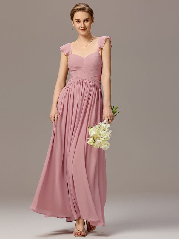 Back-Tie Pleated Ruffles Sleeves Maxi Bridesmaid Dress