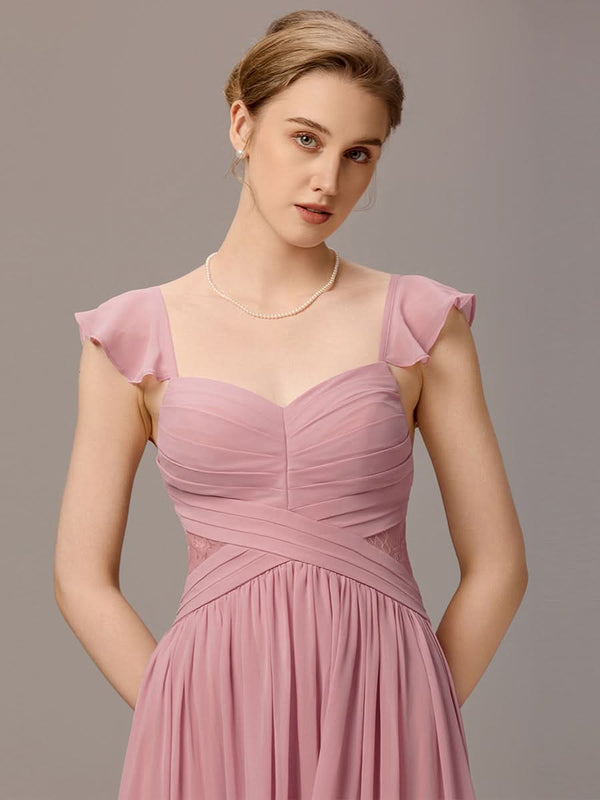 Back-Tie Pleated Ruffles Sleeves Maxi Bridesmaid Dress